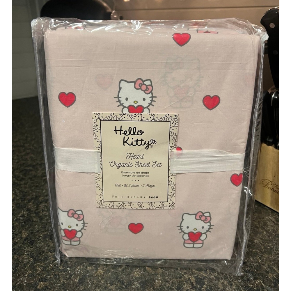 Pottery Barn Hello Kitty Organic Heart Pink Red FULL Sheet Set - NEW